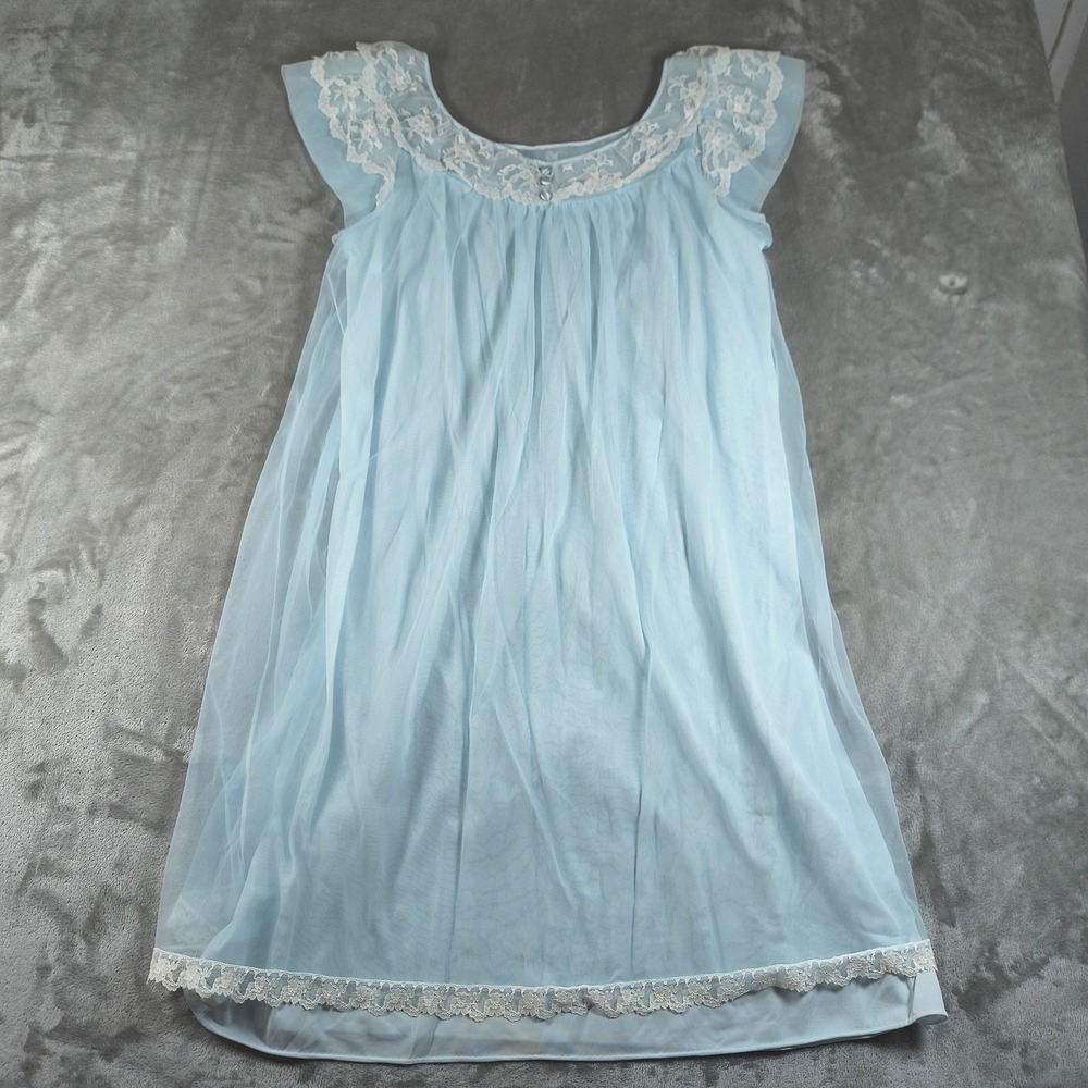 Vintage Nightgown Women Medium Large Blue Sheer Lace Nylon Peignoir Coquette 60s
